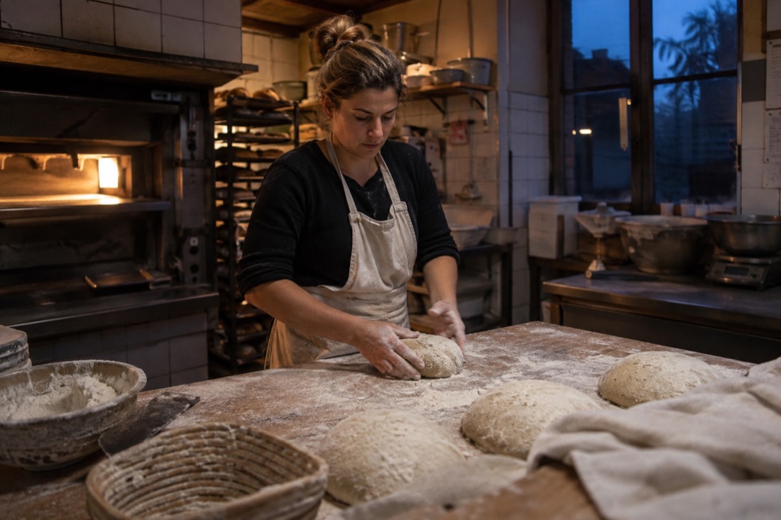 A baker shapes dough before dawn