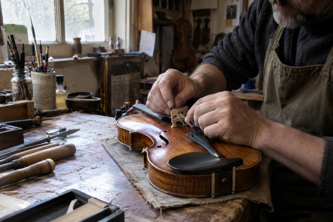 A craftsperson works on a violin at a workbench